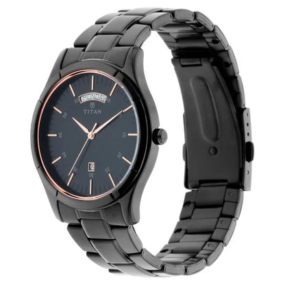 Quartz Analog with Day and Date Black Dial Stainless Steel Strap Watch for Men