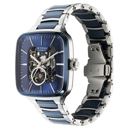 Ceramic Fusion Automatic Square Blue Dial Silver Dual-Toned Stainless Steel Bracelet Watch for Men 90175KD02