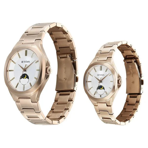 Bandhan Quartz Analog With Sun - Moon Silver Dial Rose Gold Stainless Steel Strap Watch For Couple