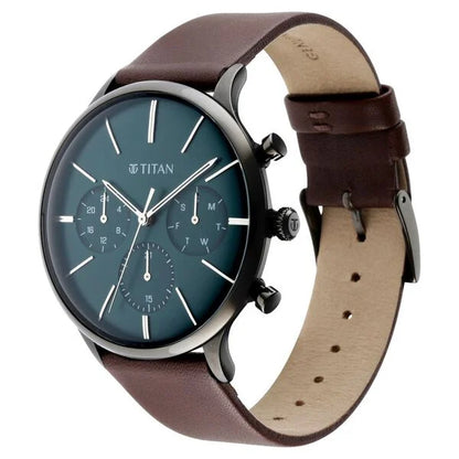 Quartz Multifunction Green Dial Leather Strap Watch for Men NS90134QL01
