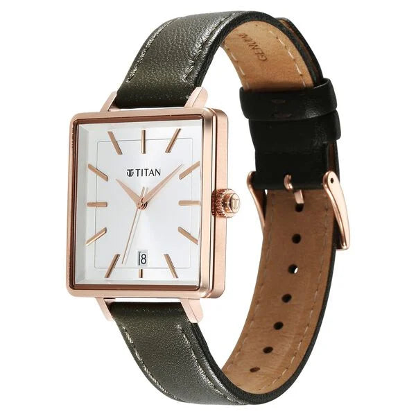 Minimalists Quartz Analog with Date Silver Dial Black Leather Strap Watch for Women
