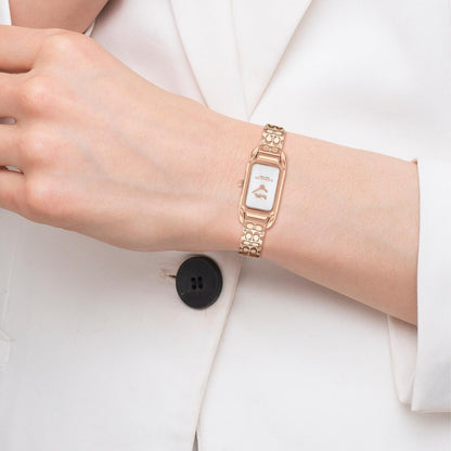 Coach Cadie Qtz Basic Silver White Rectangle Dial Women's Watch|Ionic Plated Rose Gold Steel & Crystals Material|Gold Color Band - 14504197