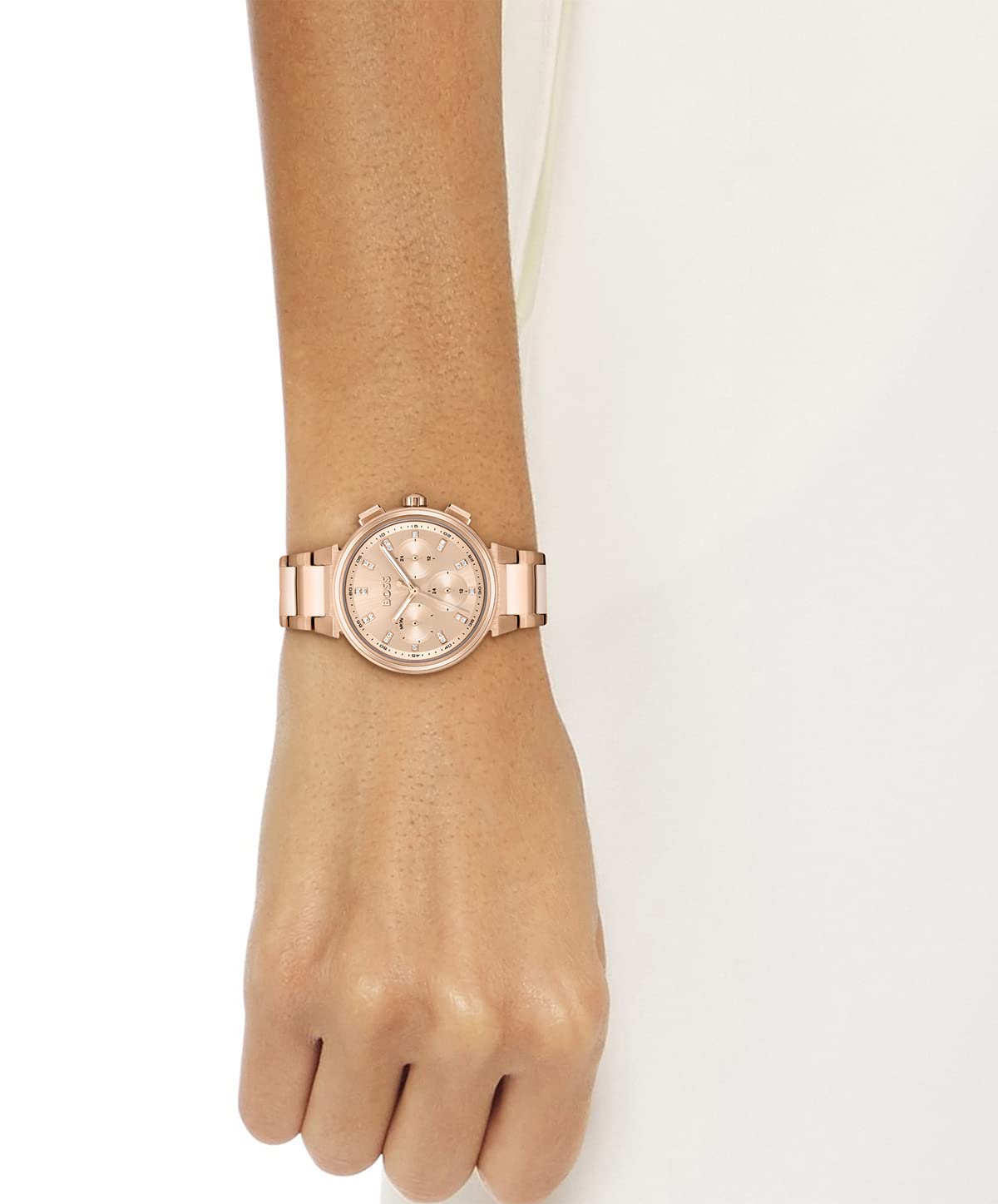 BOSS One Qtz Multifunction Carnation Gold Round Dial Women's Watch|Ionic Plated Carnation Gold Steel Material|Gold Color Band