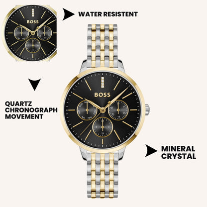 Boss Symphony Le Qtz Multifunction Black Round Dial Women's Watch|Two Tone Stainless Steel Material|Silver Color Band 1502783