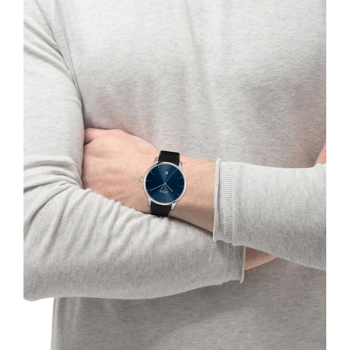 Hugo Boss Dean Qtz Basic Calendar Blue Round Dial Analog Men's Watch|Black Silicone Material|Black Color Band
