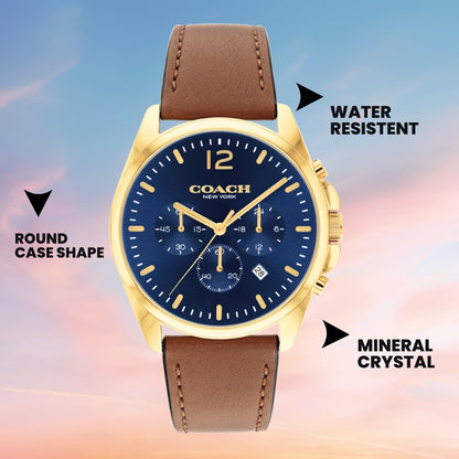 Coach Greyson Qtz Fashion Chrono Dark Blue Round Dial Men's Watch|Saddle Calfskin Material|Saddle Color Band