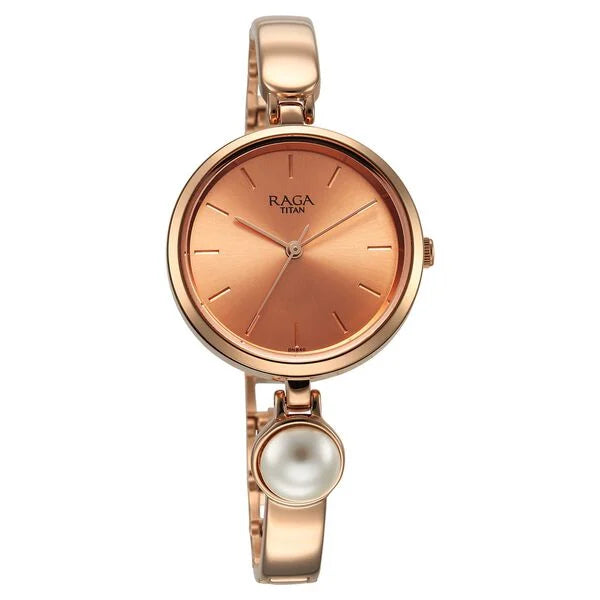 Raga Power Pearls Quartz Analog Rose Gold Dial Metal Strap with pearl Watch for Women
