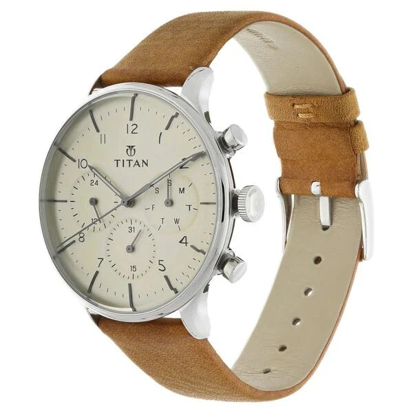 Quartz Multifunction Silver Dial Leather Strap Watch for Men