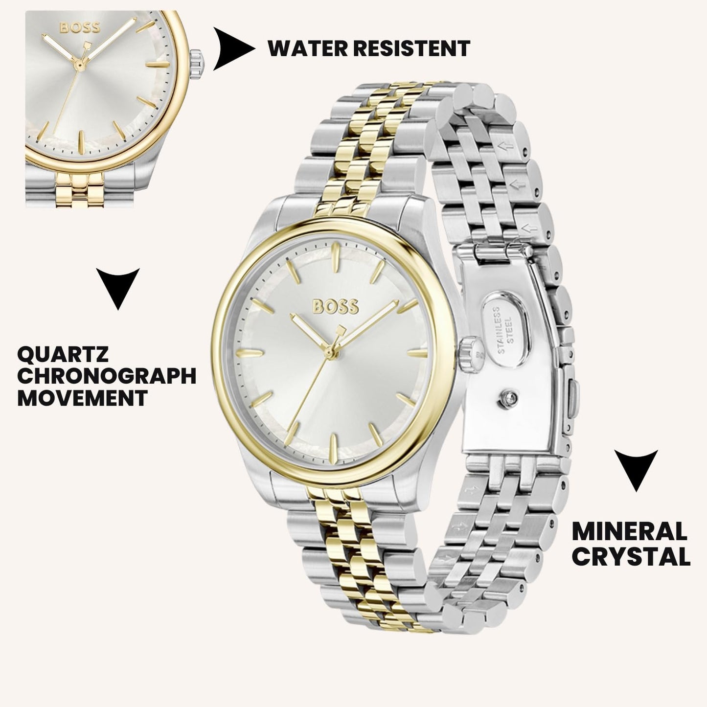Boss Graceful Qtz Basic Silver Mother of Pearl Round Dial Women's Watch|Two Tone Stainless Steel Material|Silver Color Band 1502779