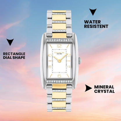 Coach Reese Qtz Basic White Rectangle Dial Women's Watch|Two Tone Stainless Steel & Crystals Material|Silver Color Band