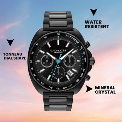 Coach Charter Qtz Fashion Chrono Black Tonneau Dial Men's Watch|Ionic Plated Black Steel Material|Black Color Band