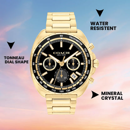 Coach Charter Qtz Fashion Chrono Black Tonneau Dial Men's Watch|Ionic Plated Thin Gold Steel Material|Gold Color Band