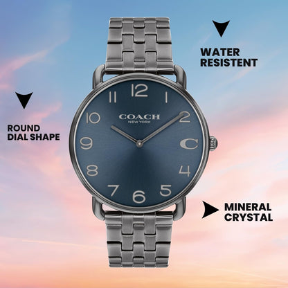Coach Elliot Qtz Basic Blue Round Dial Men's Watch|Ionic Plated Grey Steel Material|Grey Color Band