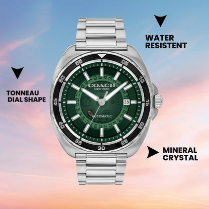 Coach Charter China Auto Green Tonneau Dial Men's Watch|Stainless Steel Material|Silver Color Band
