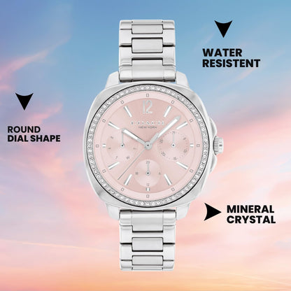 Coach Kitt Qtz Multifunction Blush Tonneau Dial Women's Watch|Stainless Steel Material|Silver Color Band