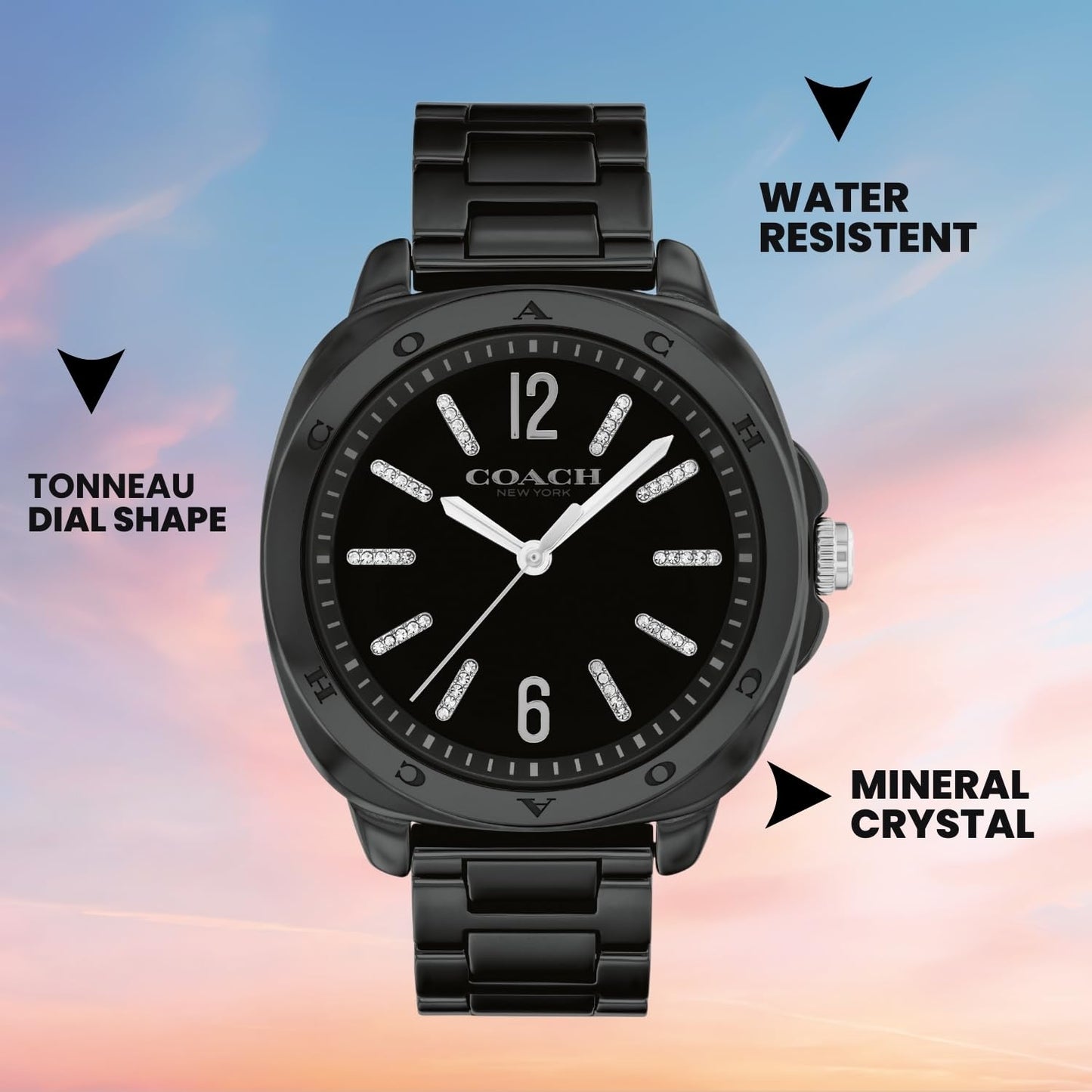 Coach Kitt Qtz Basic Black Tonneau Dial Women's Watch|Black Ceramic Material|Black Color Band