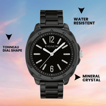 Coach Kitt Qtz Basic Black Tonneau Dial Women's Watch|Black Ceramic Material|Black Color Band