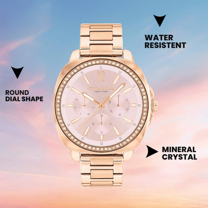 Coach Kitt Qtz Multifunction Blush Tonneau Dial Women's Watch|Ionic Plated Rose Gold Steel Material|Rose Gold Color Band