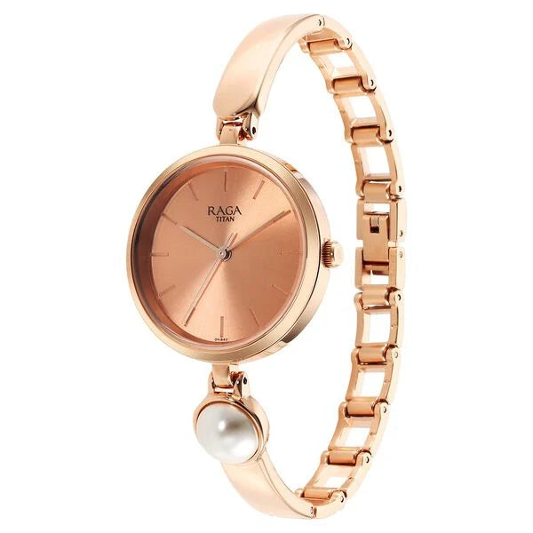 Raga Power Pearls Quartz Analog Rose Gold Dial Metal Strap with pearl Watch for Women
