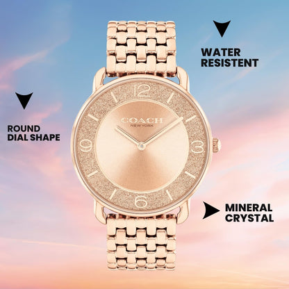 Coach Elliot Qtz Basic Rose Gold Round Dial Women's Watch|Ionic Plated Rose Gold Steel Material|Gold Color Band