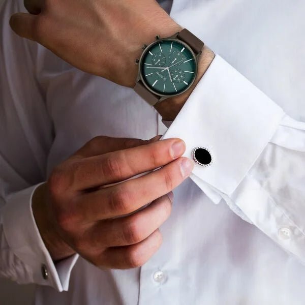 Quartz Multifunction Green Dial Leather Strap Watch for Men NS90134QL01
